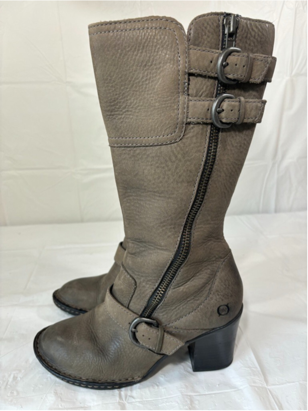 Born Womens Treddy Boot Size 7 Tall Taupe Leather Block Heel Harness Zipper